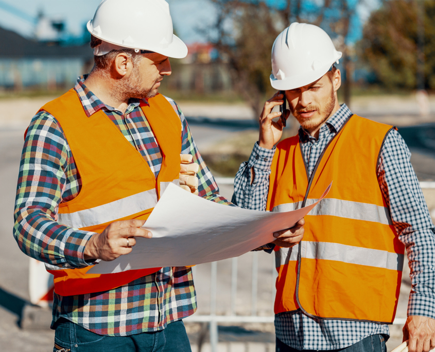 Worker And Construction Manager Consulting Project With Engineer During Road Work